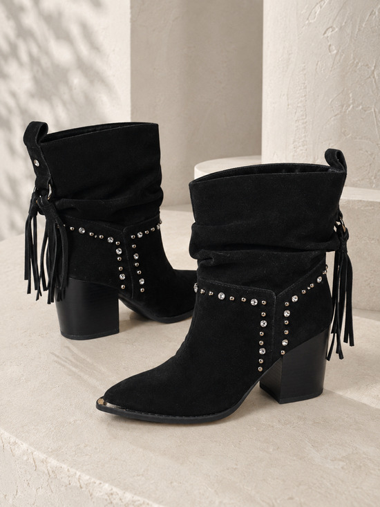 VENUS Shoes - VENUS Women’s 6M Black Fringe Rhinestone Studded Pointed Toe Ankle Boots